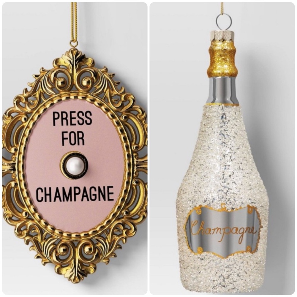 Press for Champagne and beaded bottle Christmas ornaments - Picture 1 of 7